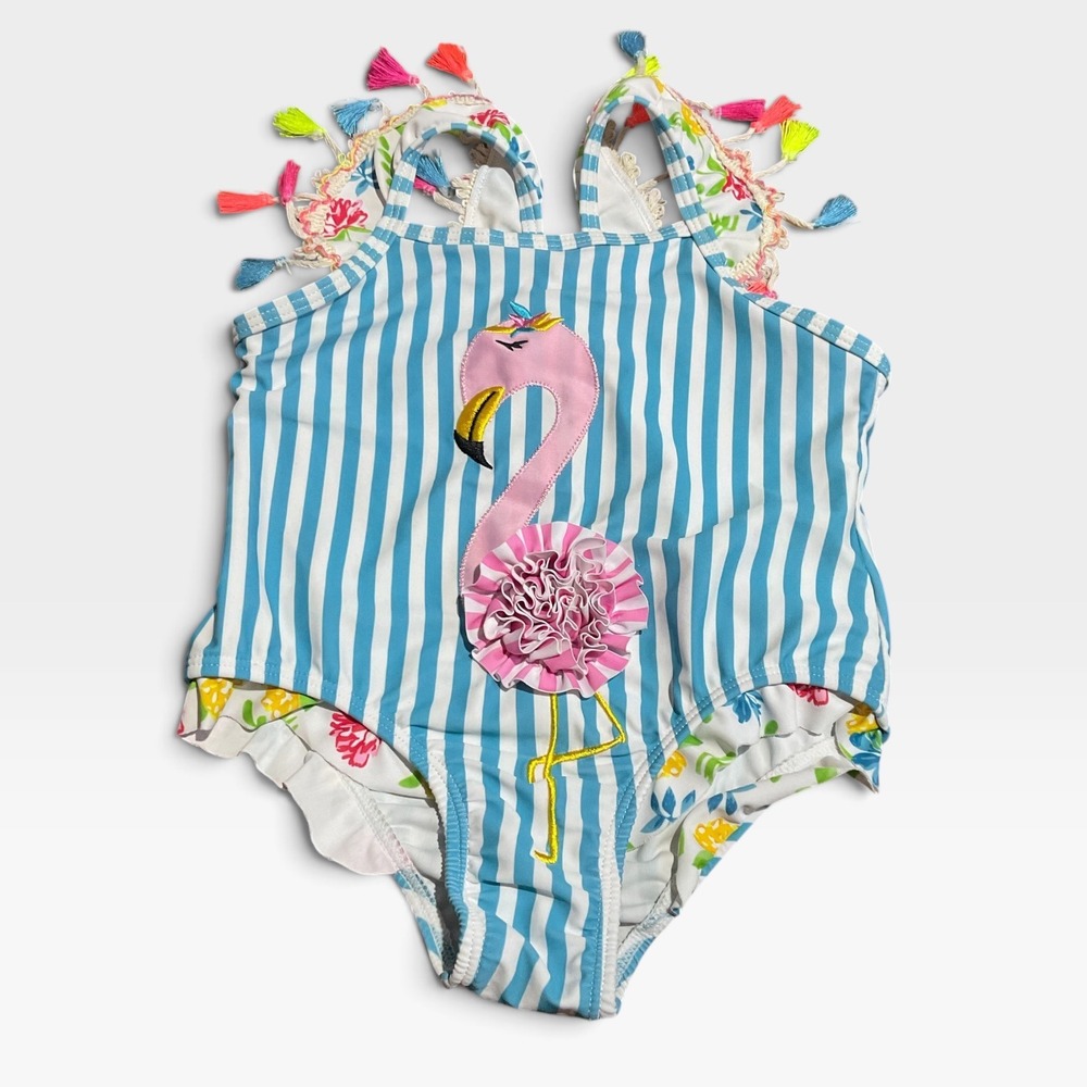 Flamingo Tassel size 120 US 6/7 One Piece Swimsuit Girl Blue Striped Ruffle